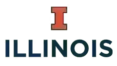 The image shows the University of Illinois logo, featuring a bold, orange letter "I" placed centrally above the word "Illinois" in capitalized, navy blue letters.