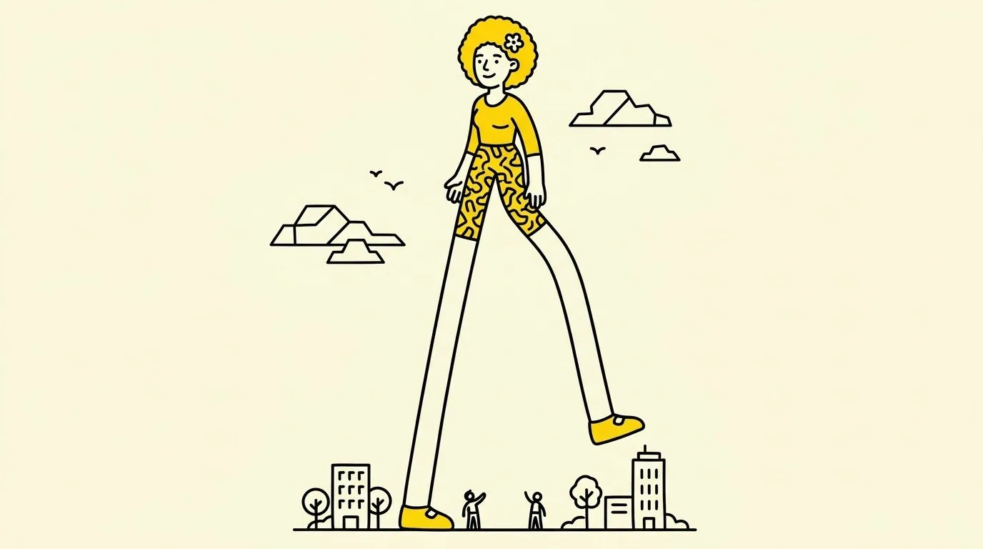 person with super long legs towering over the sky