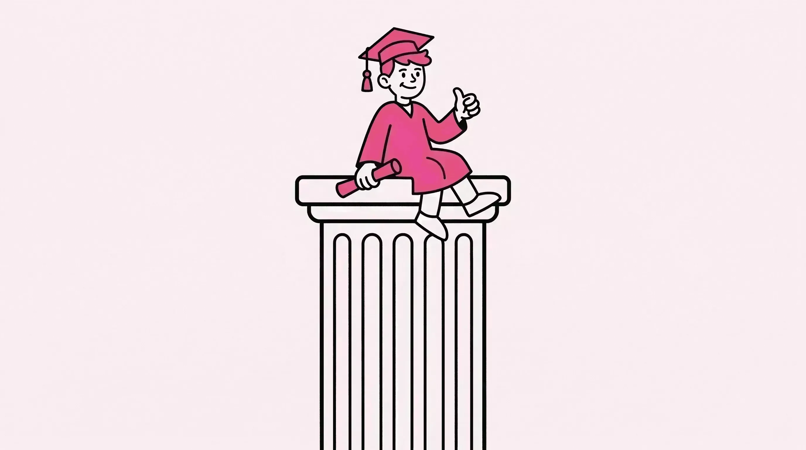 cool teenager graduating college sitting on a giant roman pillar. his proportions look small compared to the pedestal. 