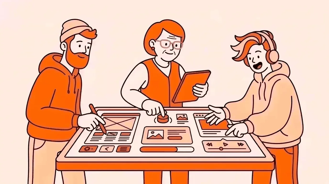 modern ui/ux product design requires building. Simple minimalist millennial and boomer and Gen Z collaborating