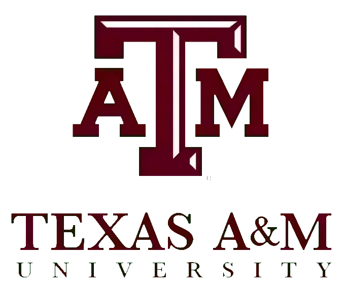 The image features the Texas A&M University logo, showcasing a large maroon "ATM" emblem positioned above the full name in a bold, capitalized maroon font on a white background.
