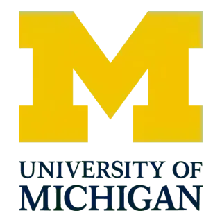 The image shows a large, bold, maize yellow block letter "M" with the text "University of Michigan" in dark blue below it.