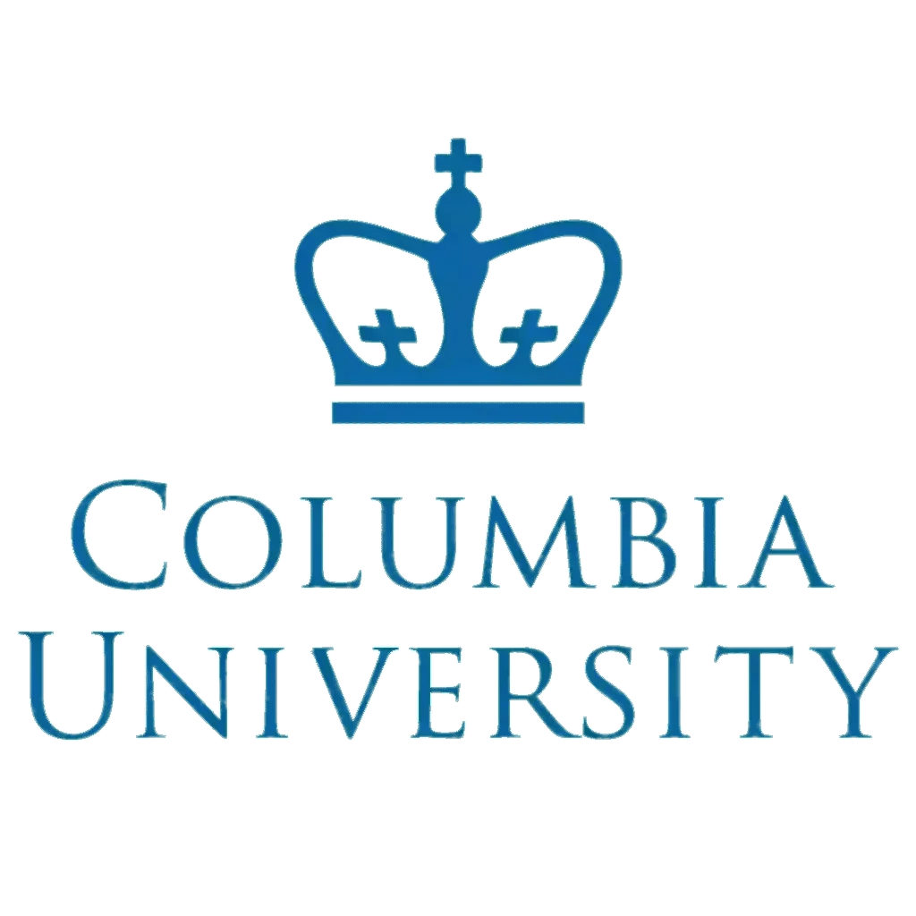 The image displays the Columbia University logo featuring a blue crown above the text "Columbia University," set against a transparent background.