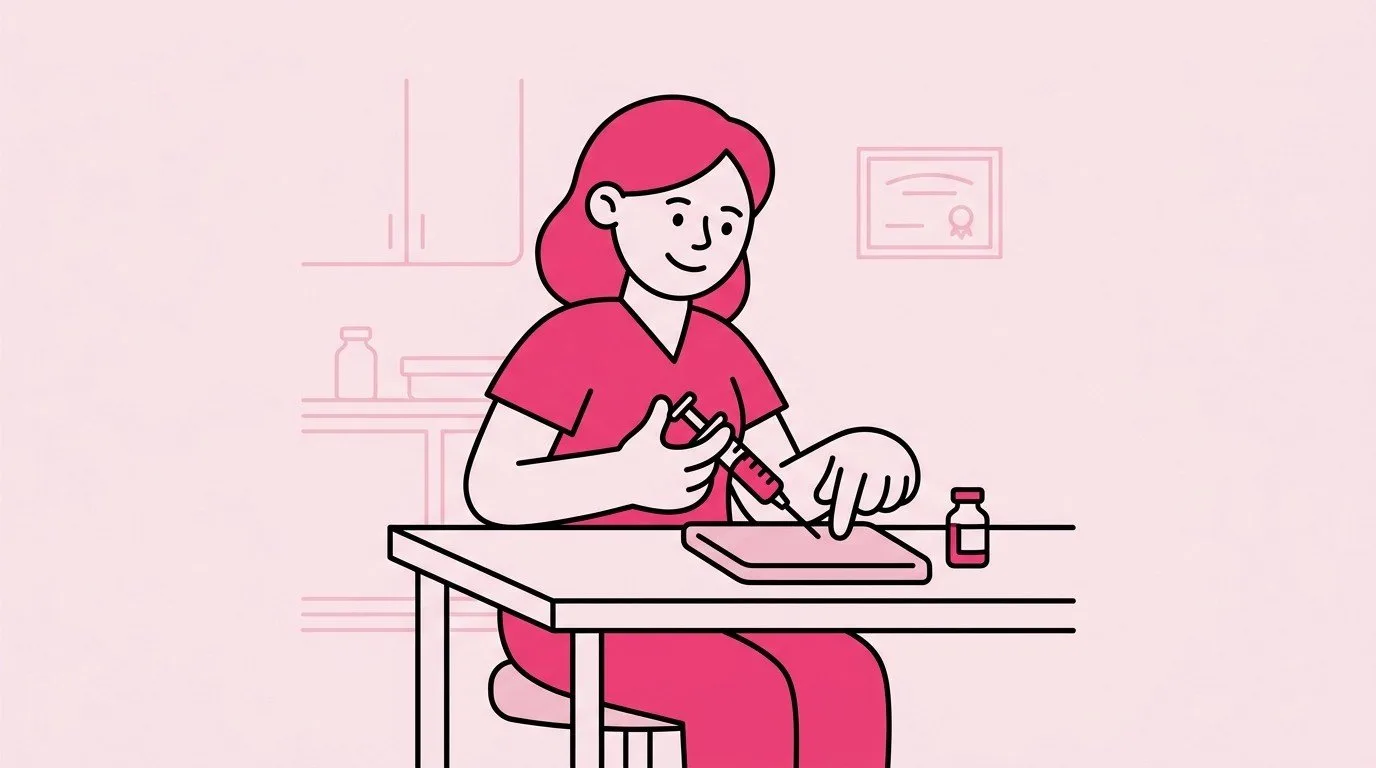 nurse practicing a skill at a desk. not scary