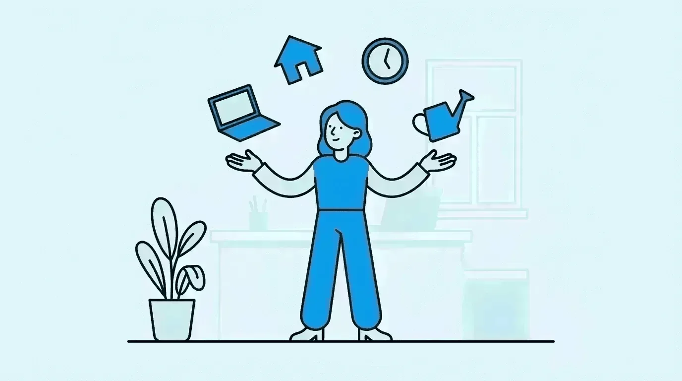 person juggling work life balance in modern office