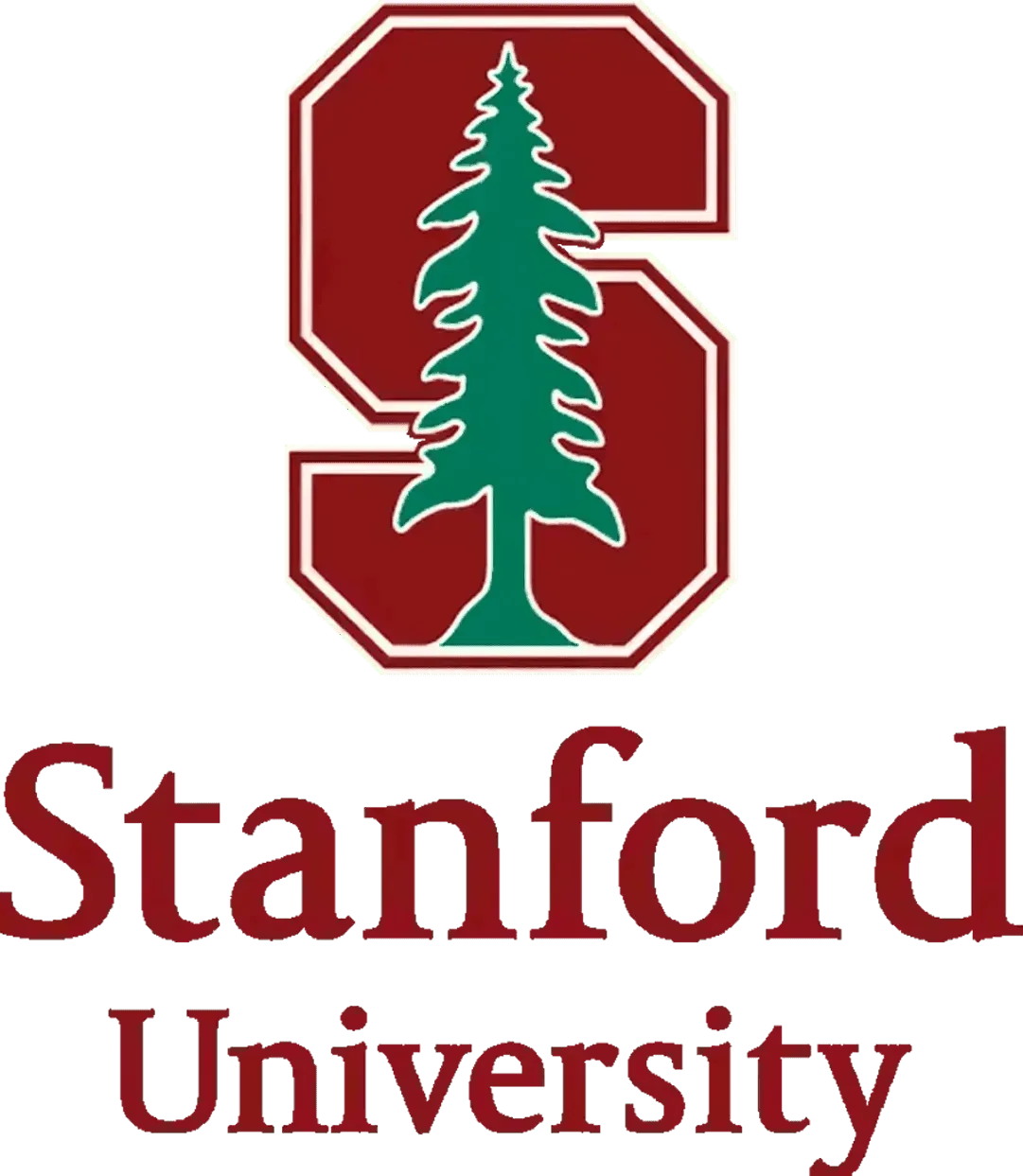 The image features the Stanford University logo, showcasing a stylized red "S" with a green tree in the center, representing the prestigious educational institution.