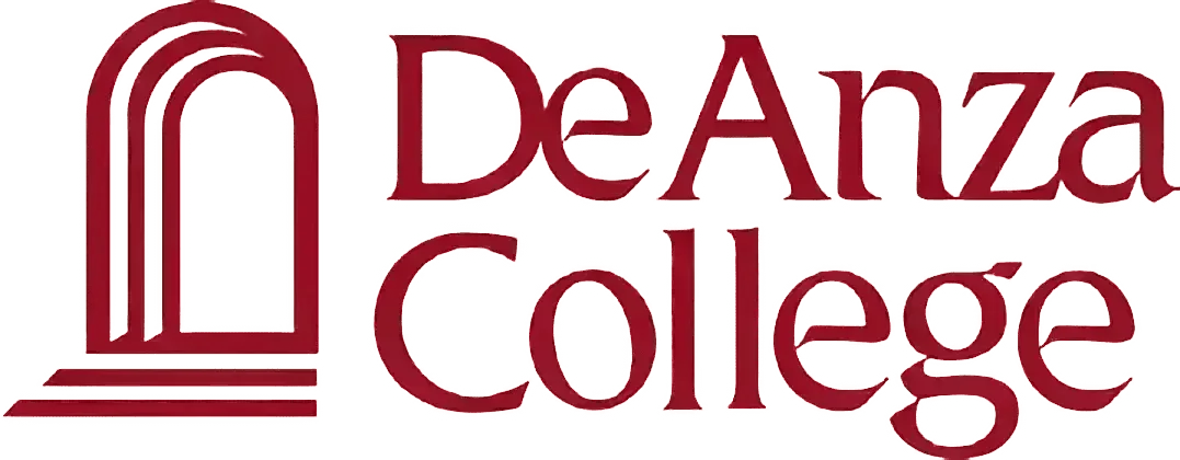 Logo of De Anza College in red featuring a stylized arch design beside the text "De Anza College" in a bold serif font.