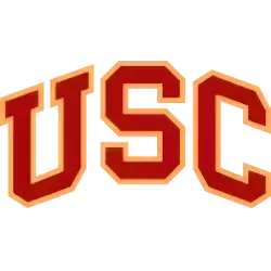 The image shows the USC logo featuring bold, red block letters outlined in yellow, representing the University of Southern California.