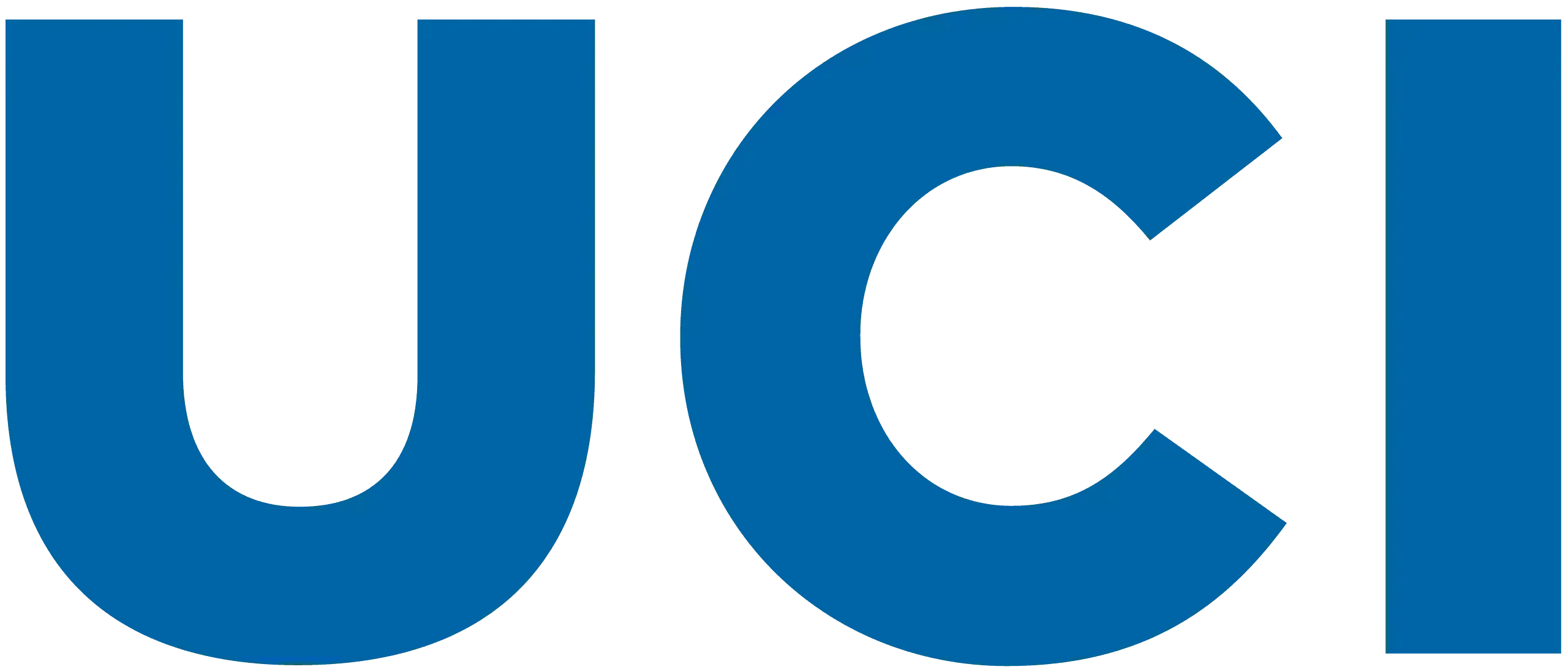 The image shows the UCI logo, featuring bold, blue uppercase letters on a transparent background.