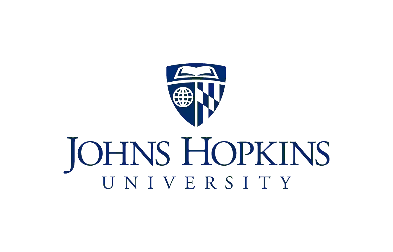 The image displays the Johns Hopkins University logo, featuring a shield with a globe, an open book, and a black and white checkerboard pattern above the bold blue text "JOHNS HOPKINS UNIVERSITY."