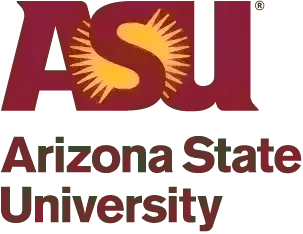 The image features the Arizona State University logo with the acronym "ASU" in bold maroon letters accompanied by a yellow sunburst design, positioned above the full name "Arizona State University" in maroon text, set against a transparent background.