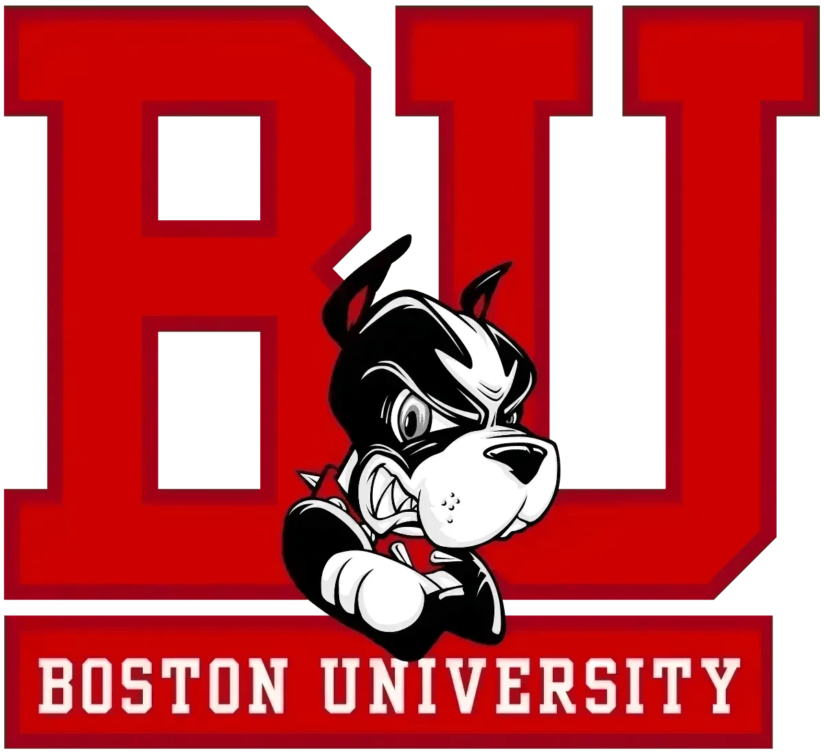 Red Boston University logo featuring a fierce cartoon terrier dog mascot at the center of large, bold red letters "BU," with the words "Boston University" below.