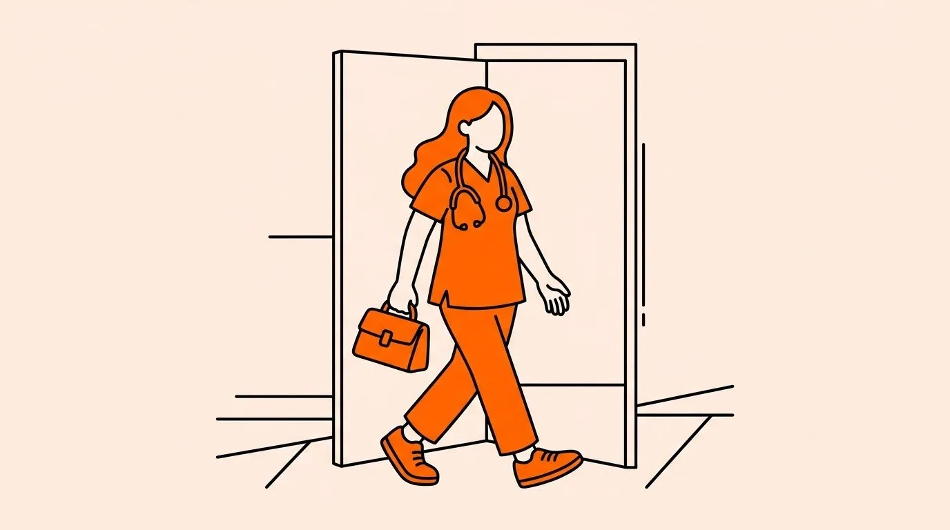 nurse walking through an open door