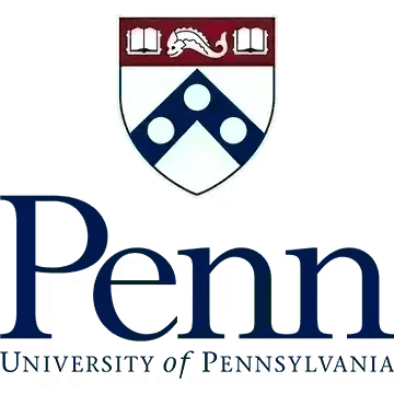 The image features the University of Pennsylvania logo, displaying a shield emblem with books, a dolphin, and a blue chevron with white circles, above the text "Penn" and "University of Pennsylvania" in blue.