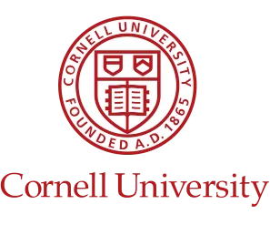 The image features the red and white Cornell University logo, showcasing a circular emblem with a shield containing an open book and intertwined symbols, encircled by the words "Cornell University Founded A.D. 1865," with the university name displayed prominently below.